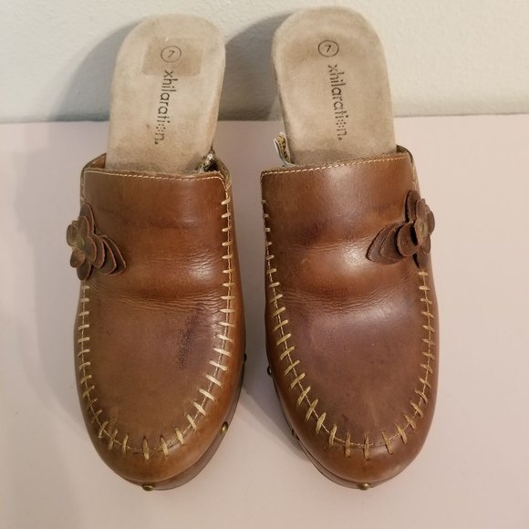 Xhilaration 7 Leather Chunky Mules 90s Y2K Platform Heels Flower Brads Granola - Picture 5 of 9